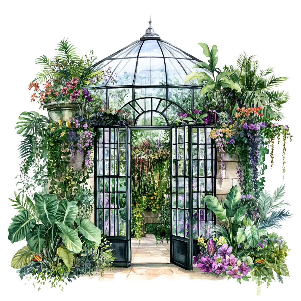 Watercolor Greenhouse Fabric Panel 2