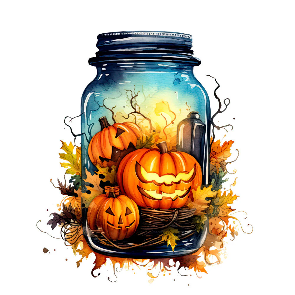 Watercolor Halloween Jar Fabric Panel 1