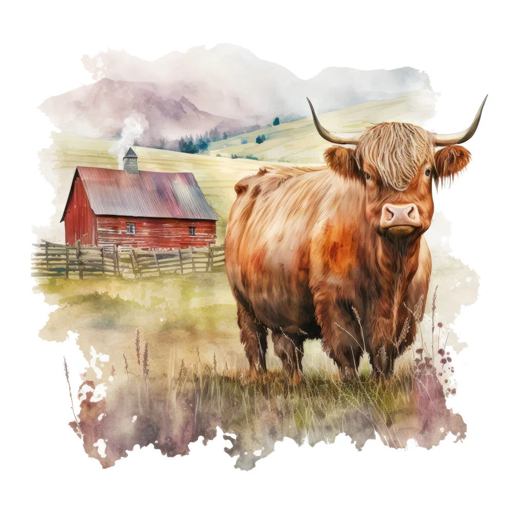 Watercolor Highland Cows Fabric Panel 4