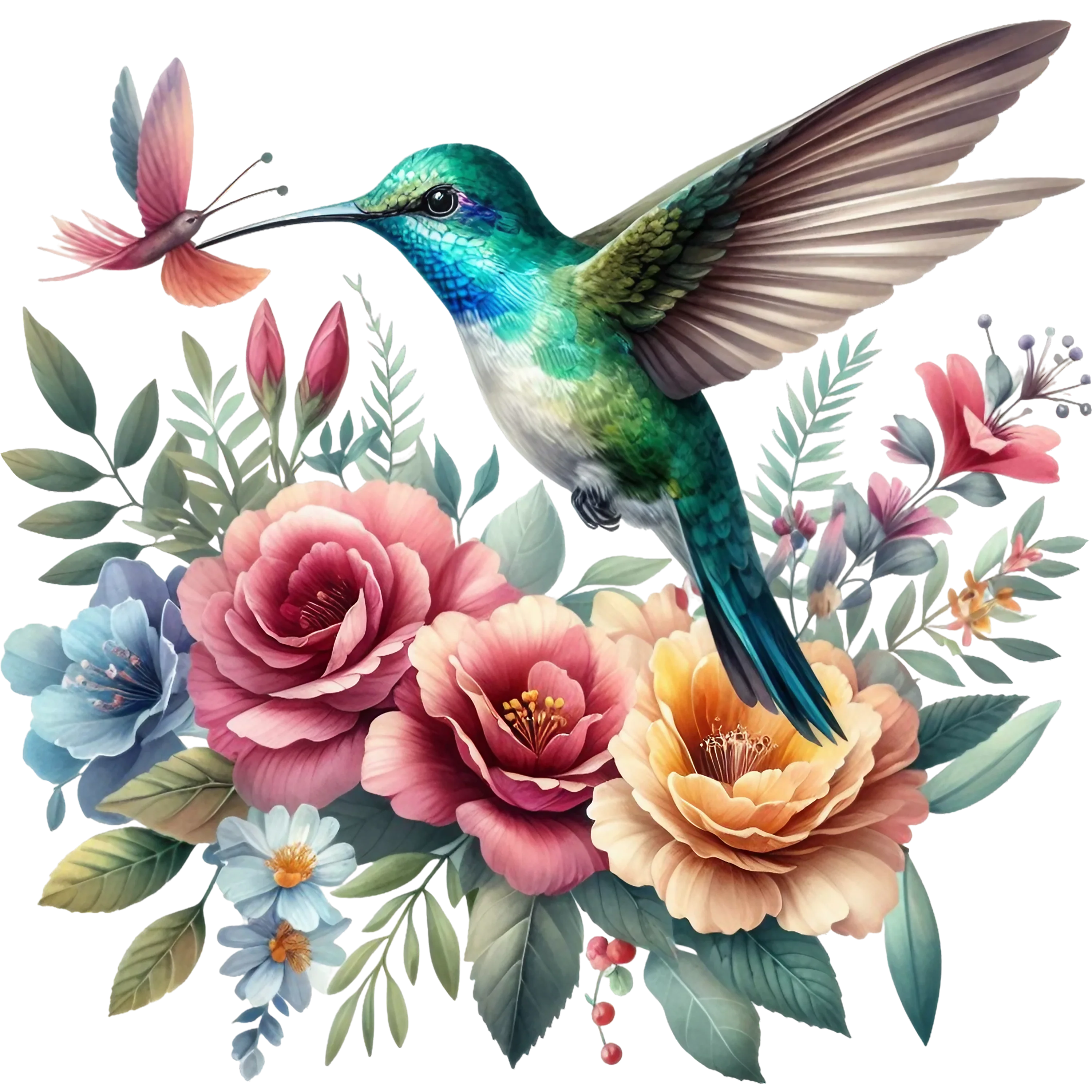 Watercolor Hummingbird Floral Fabric Panel 11