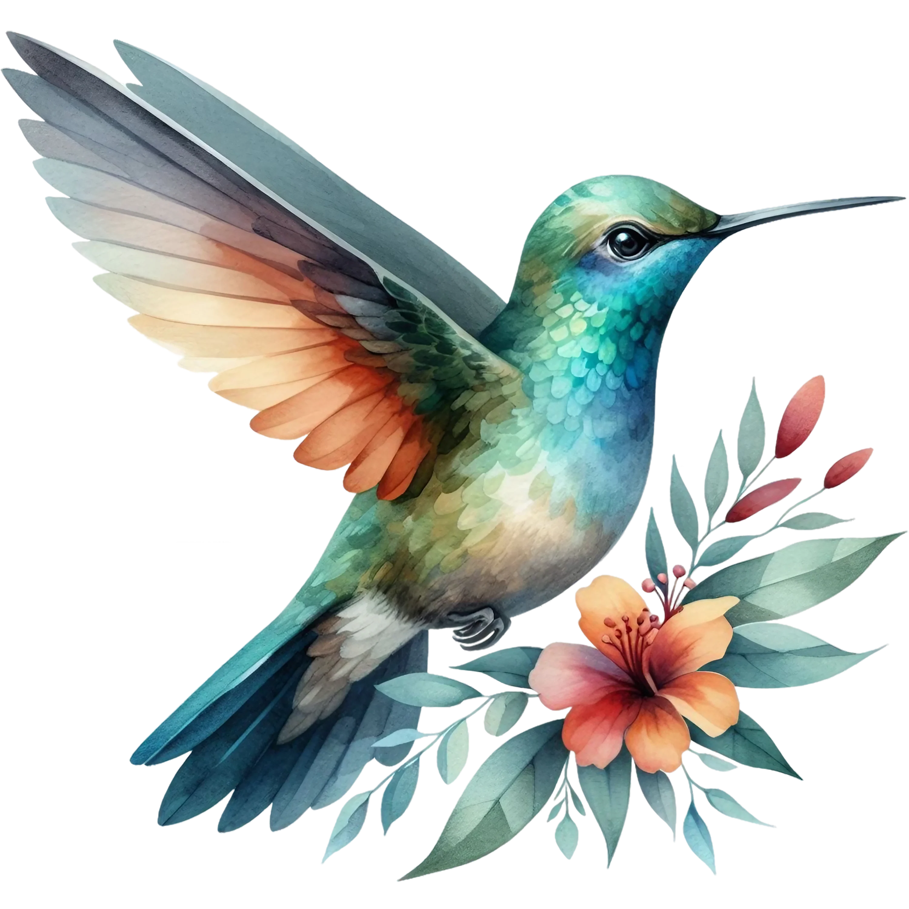 Watercolor Hummingbird Floral Fabric Panel 12