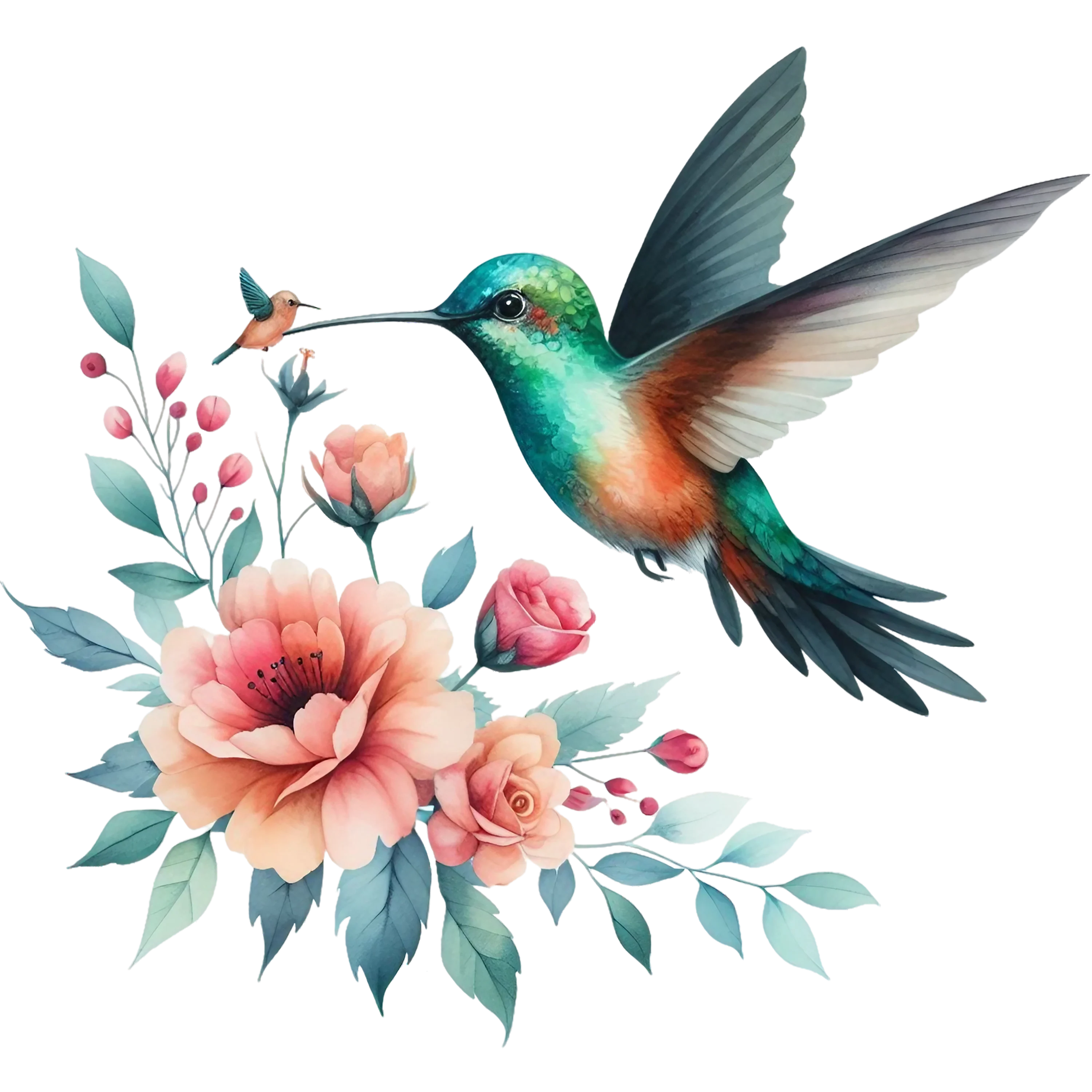 Watercolor Hummingbird Floral Fabric Panel 13