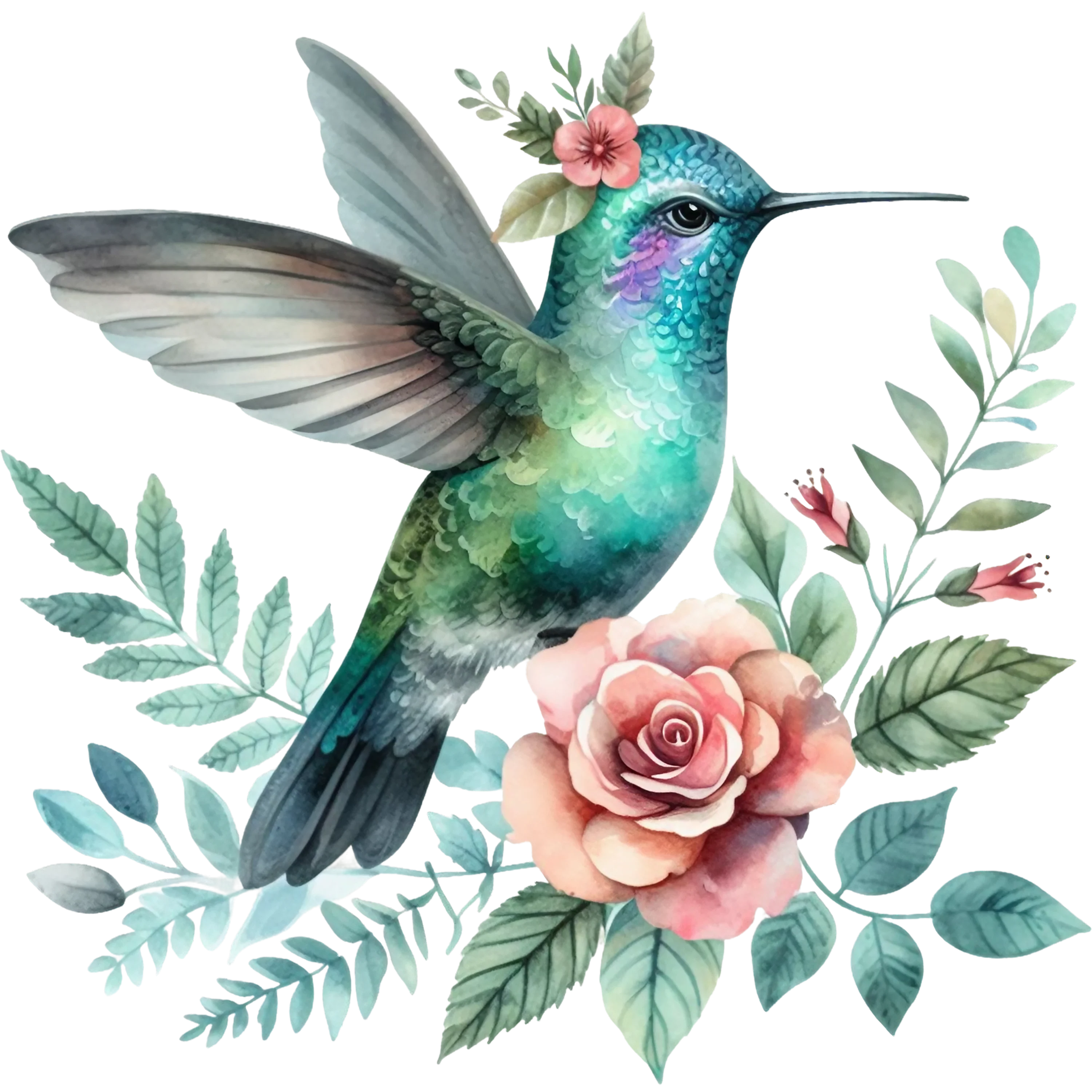 Watercolor Hummingbird Floral Fabric Panel 17