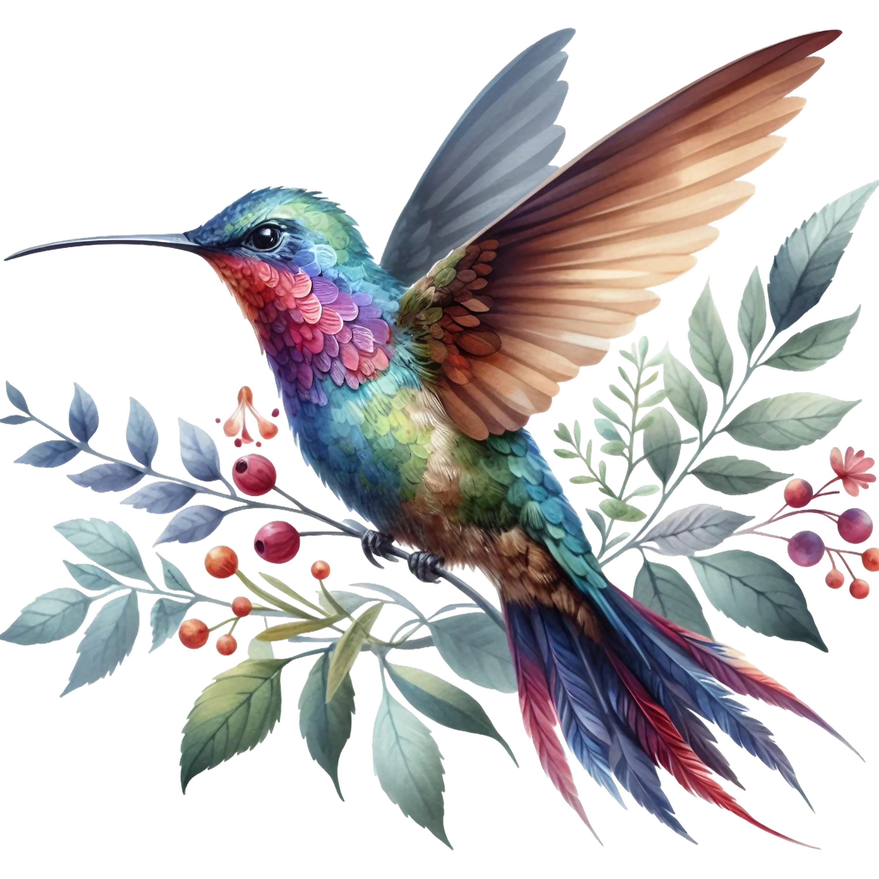 Watercolor Hummingbird Floral Fabric Panel 18