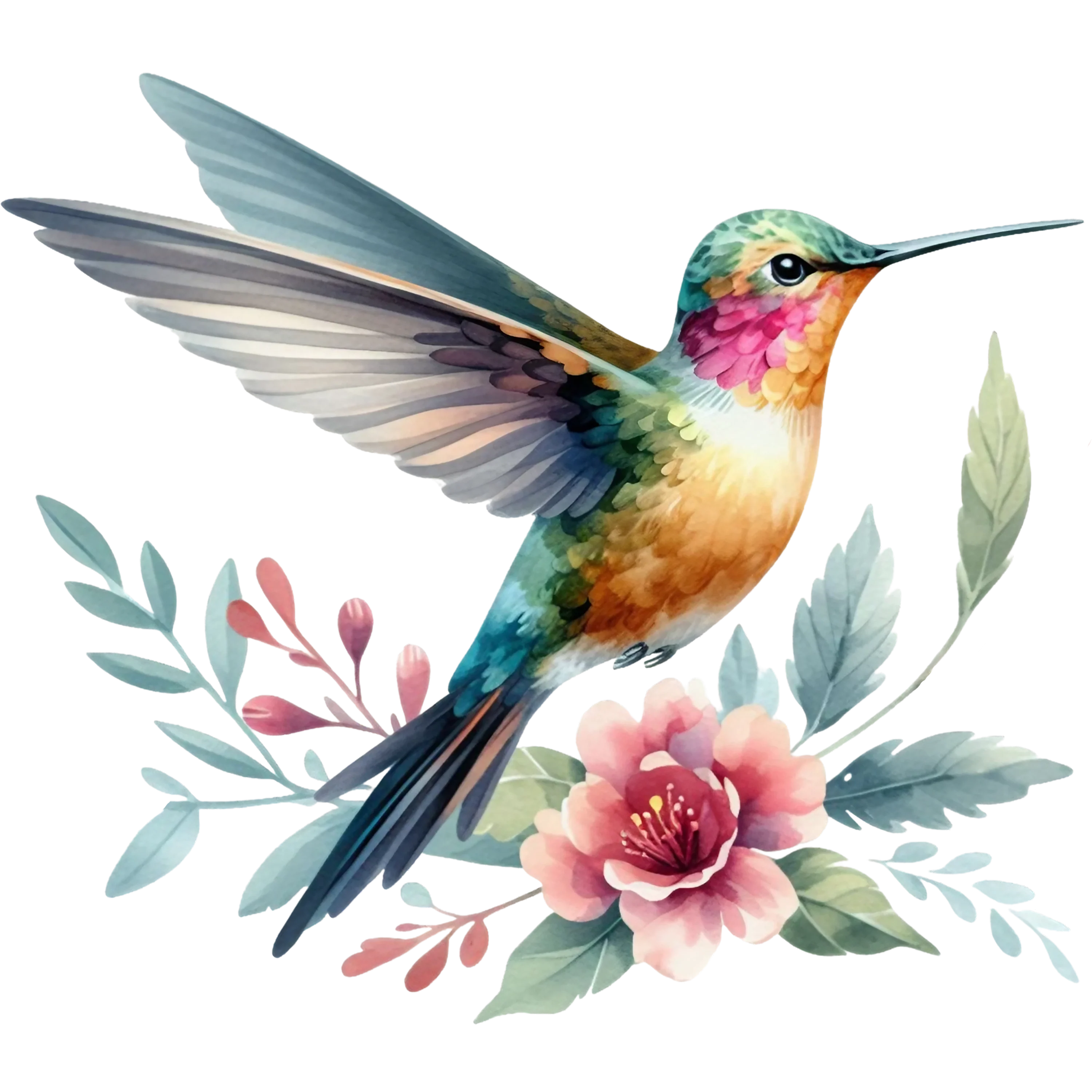 Watercolor Hummingbird Floral Fabric Panel 19