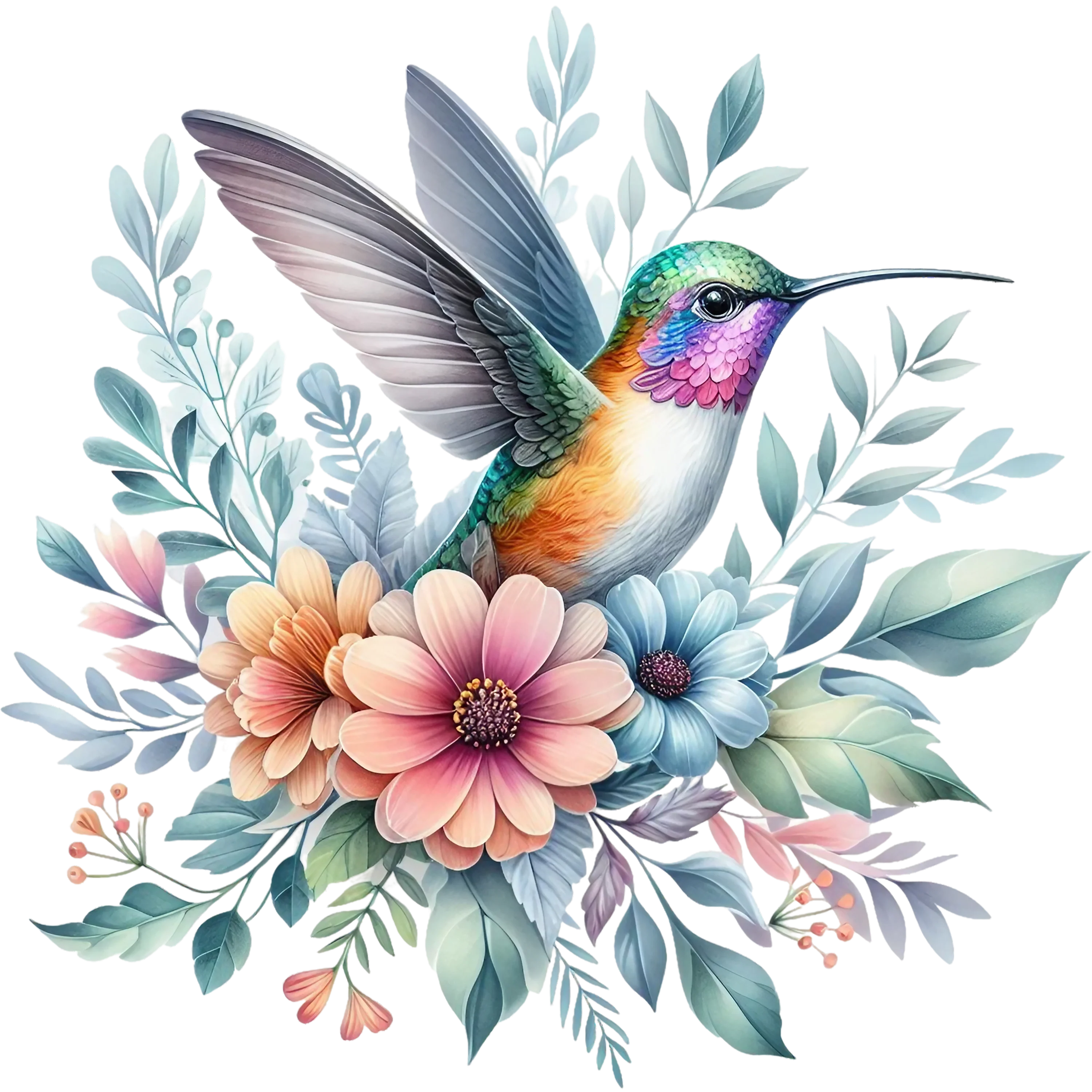 Watercolor Hummingbird Floral Fabric Panel 22