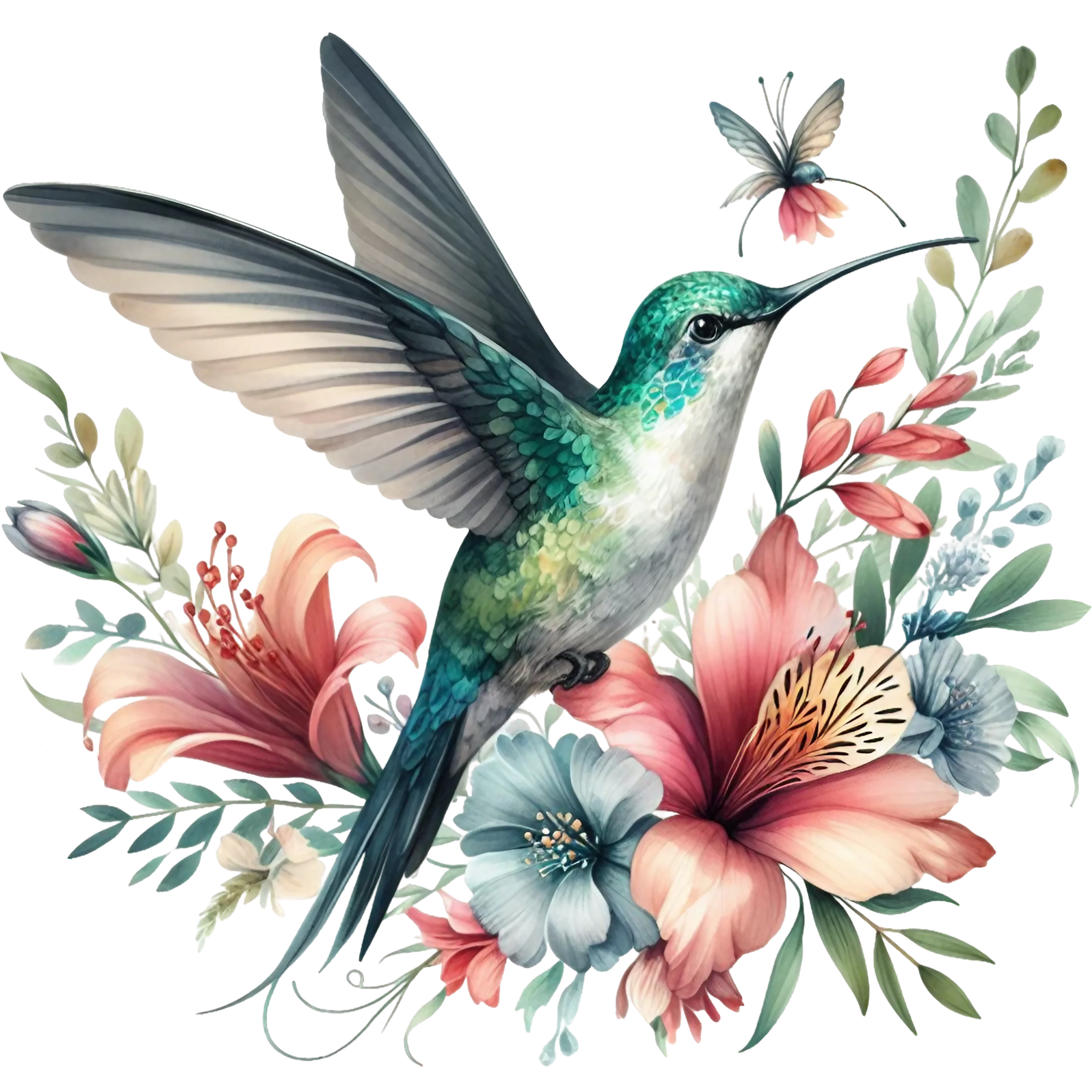 Watercolor Hummingbird Floral Fabric Panel 23