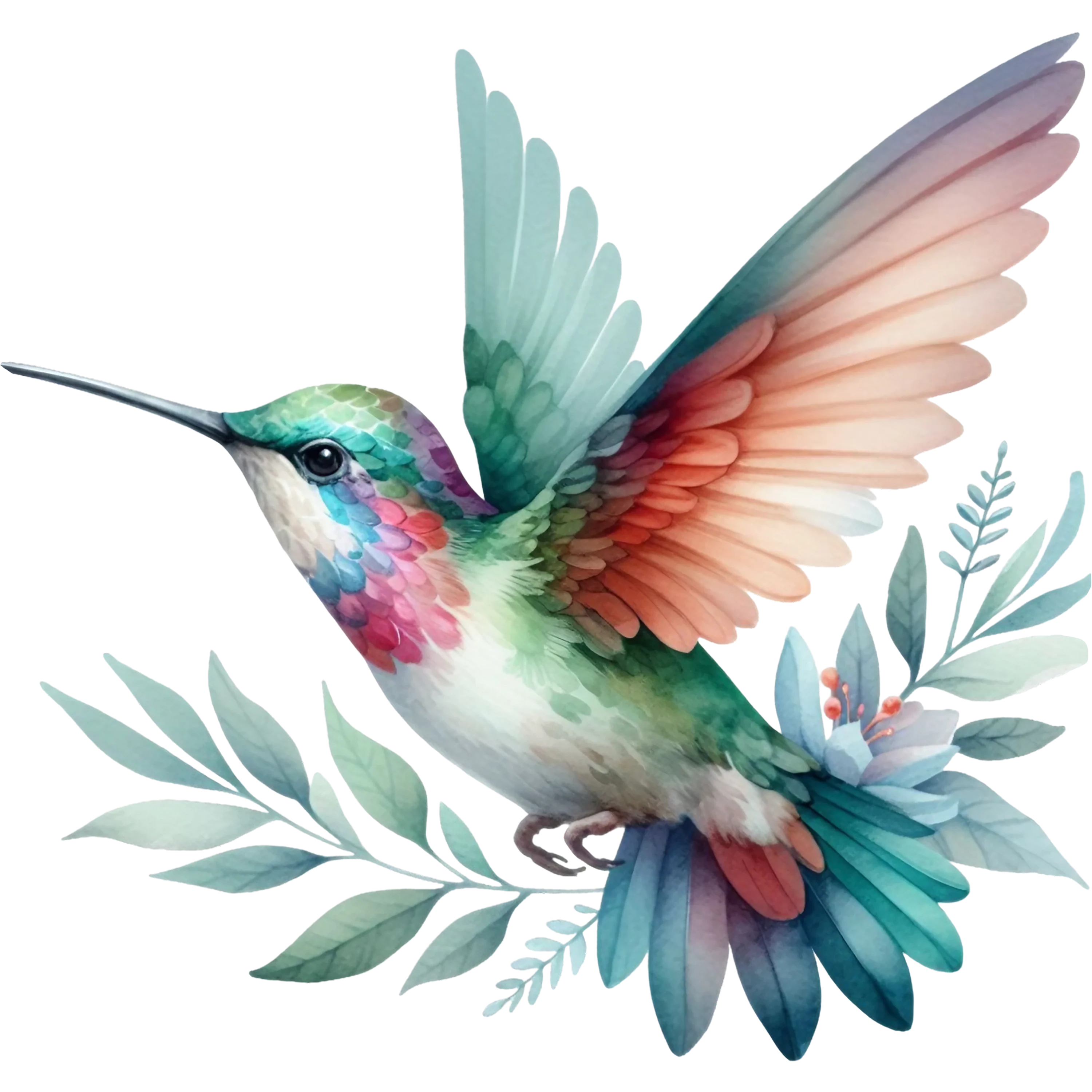 Watercolor Hummingbird Floral Fabric Panel 25