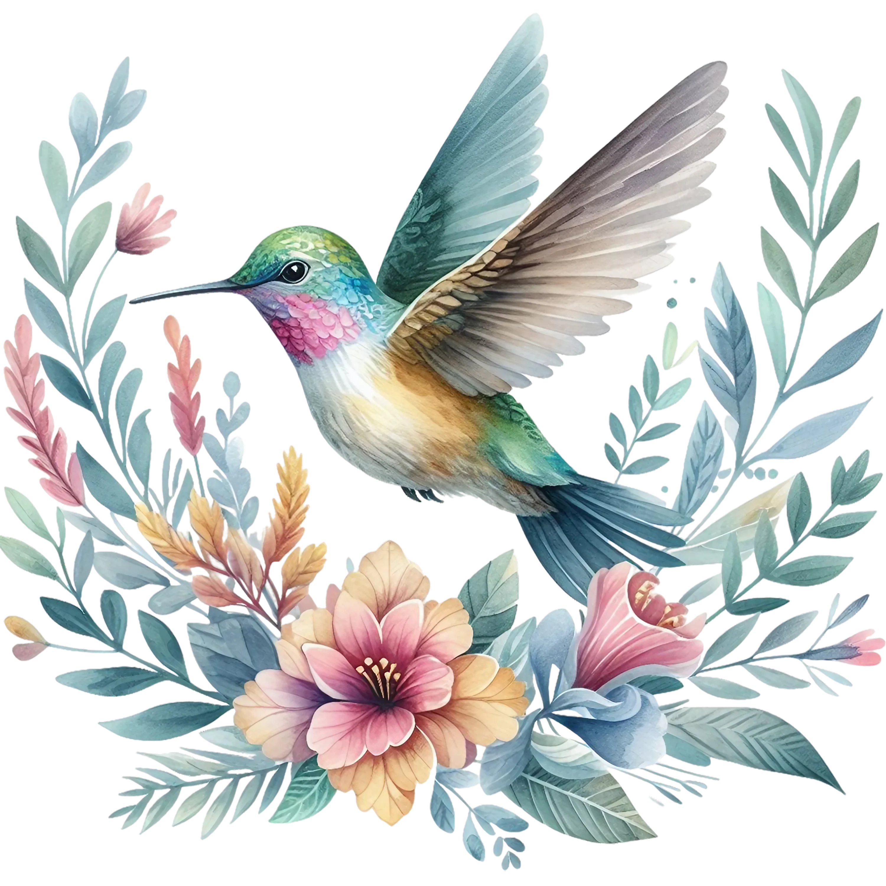 Watercolor Hummingbird Floral Fabric Panel 26