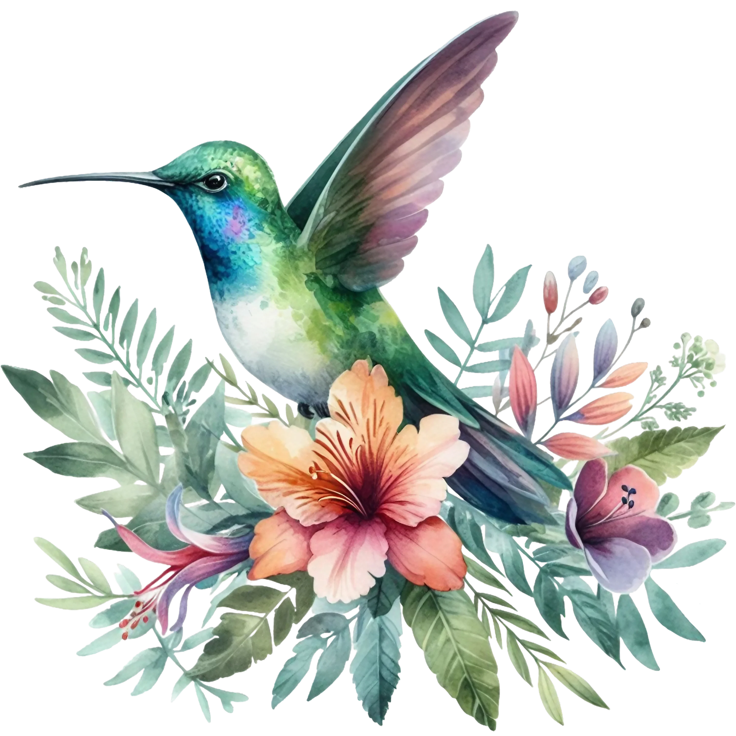 Watercolor Hummingbird Floral Fabric Panel 27