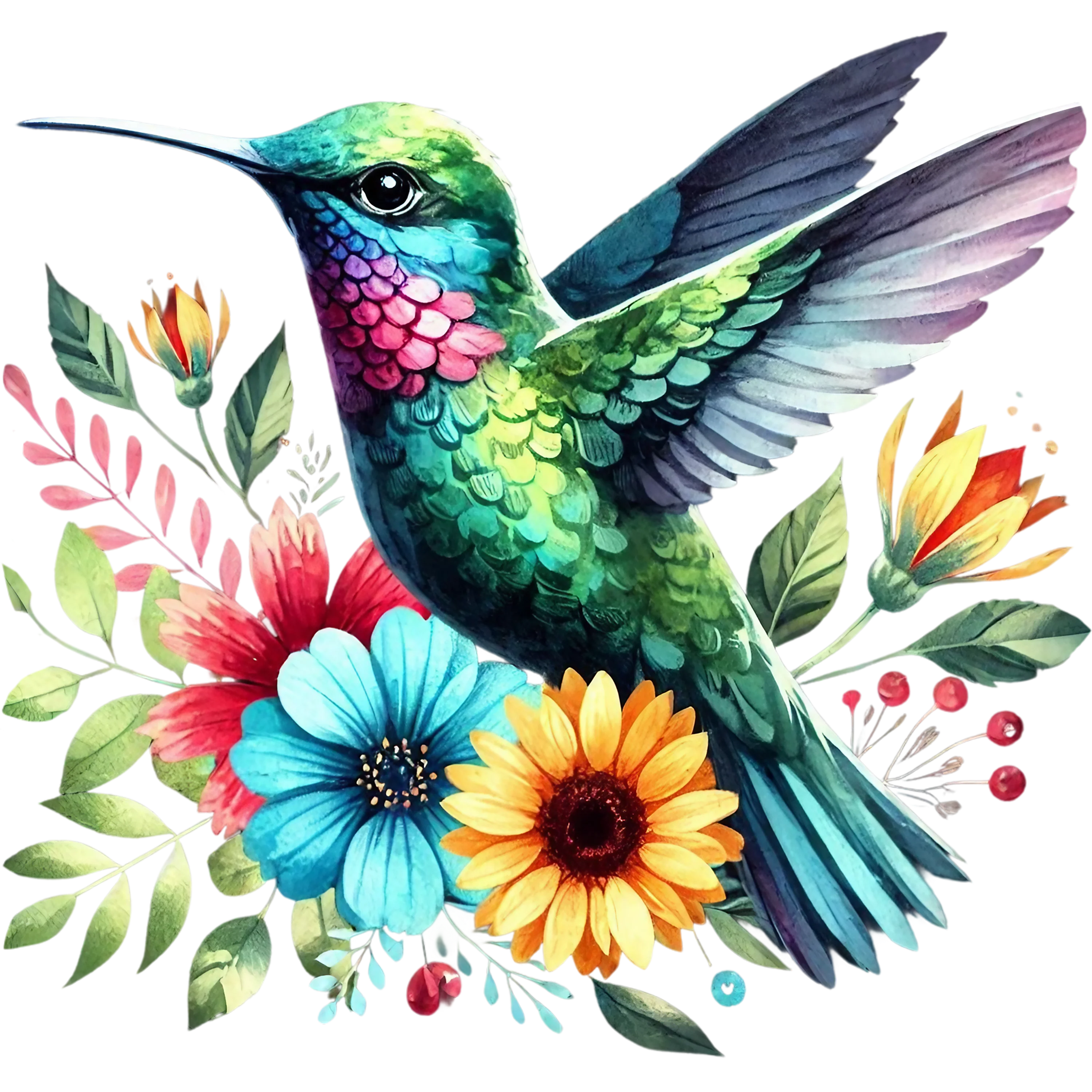 Watercolor Hummingbird Floral Fabric Panel 28