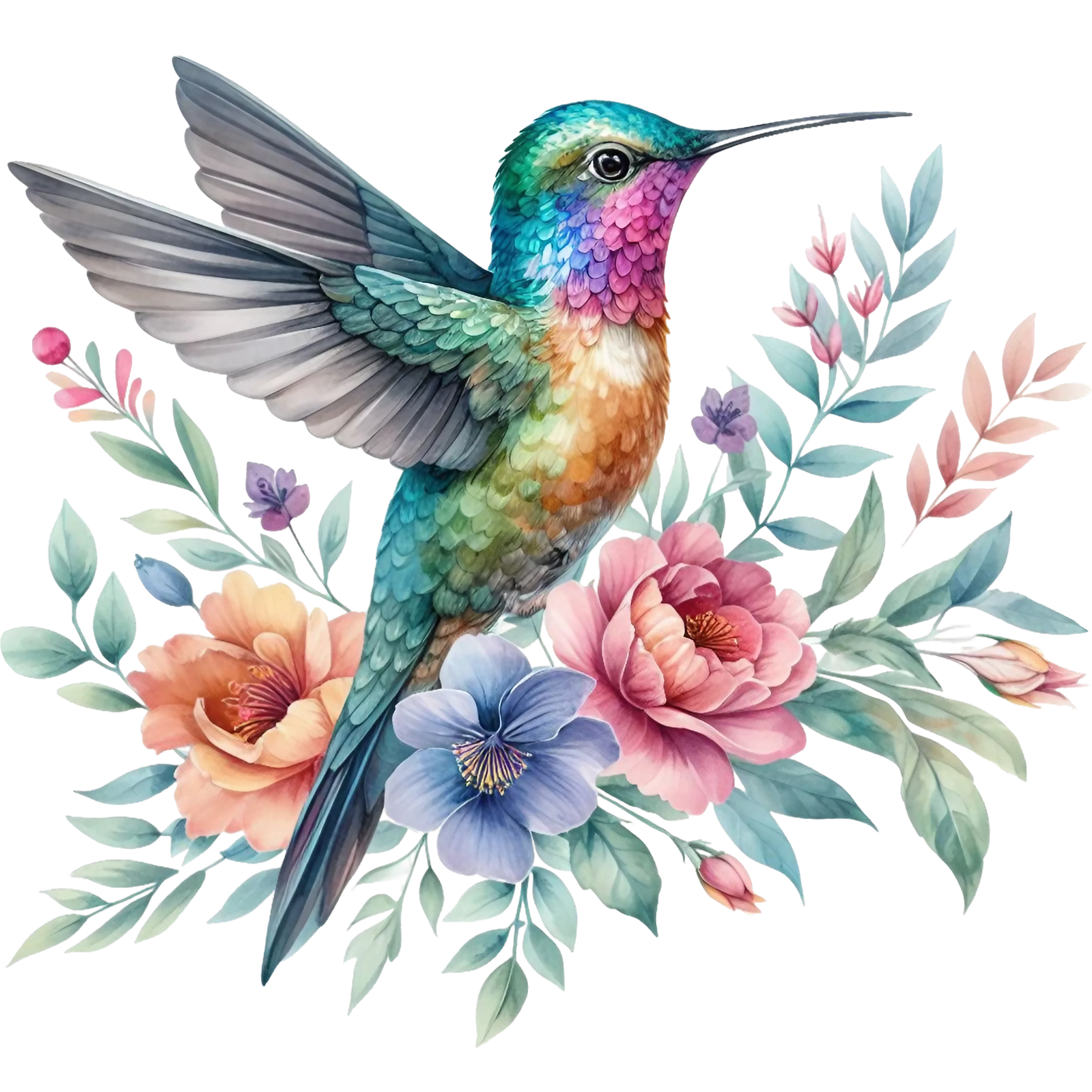 Watercolor Hummingbird Floral Fabric Panel 3
