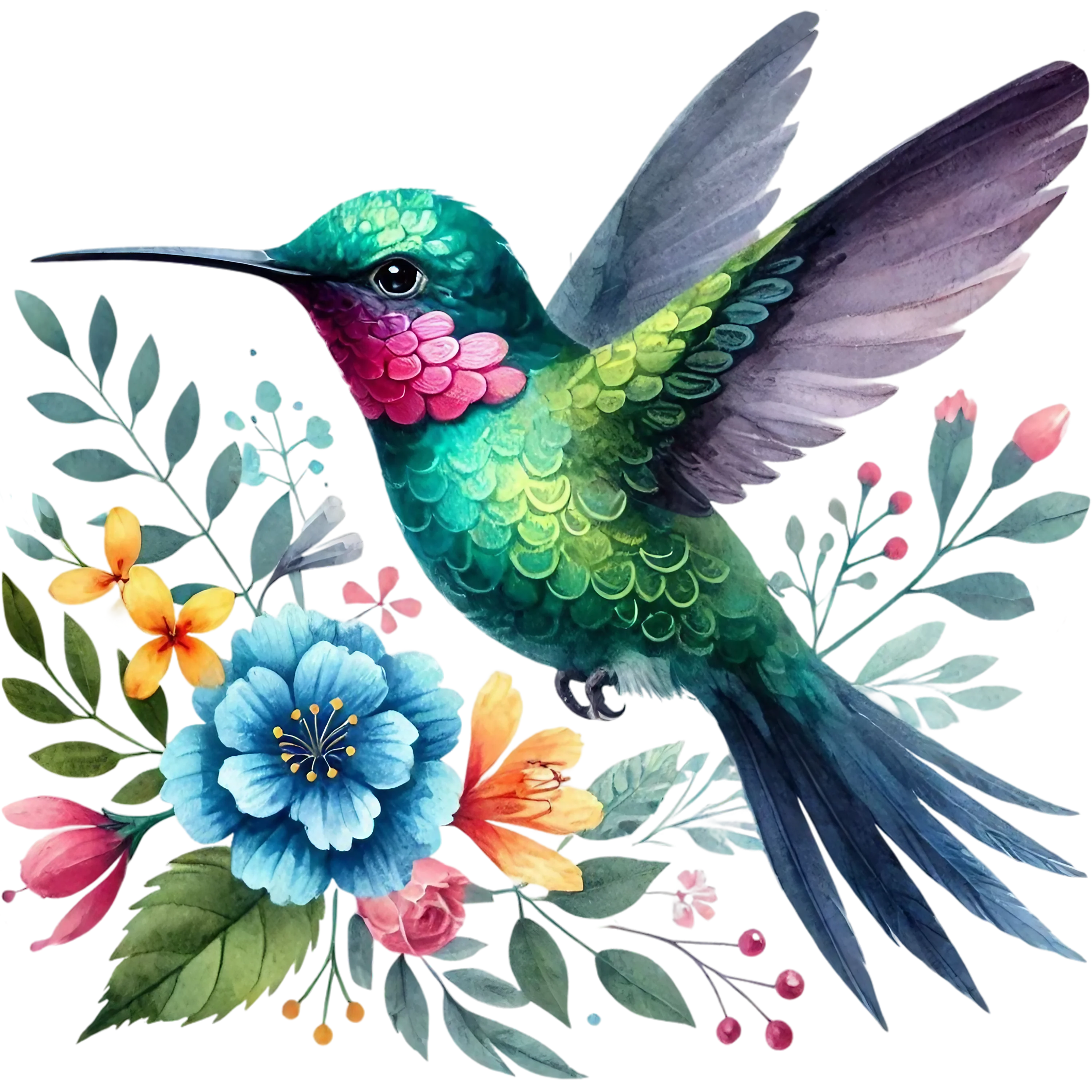 Watercolor Hummingbird Floral Fabric Panel 33