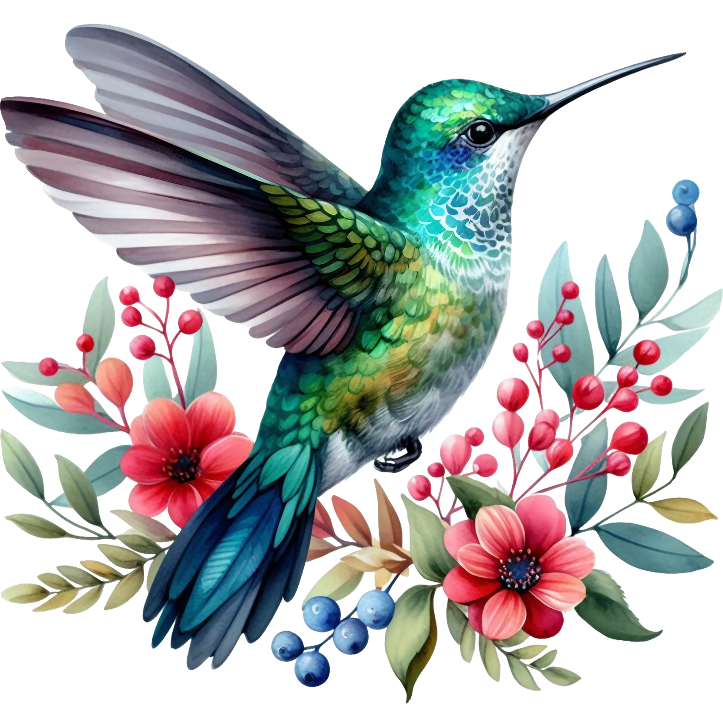 Watercolor Hummingbird Floral Fabric Panel 4