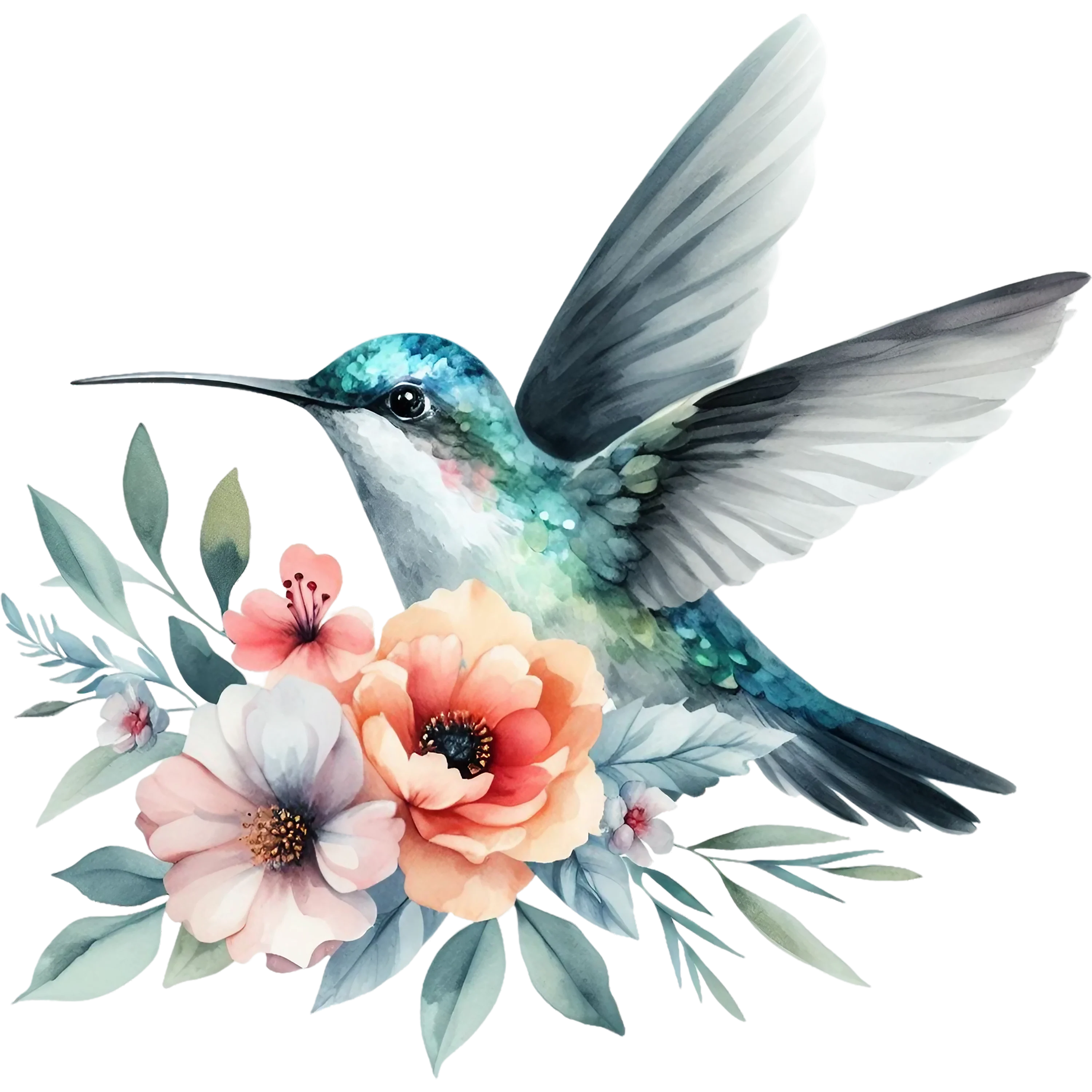 Watercolor Hummingbird Floral Fabric Panel 5