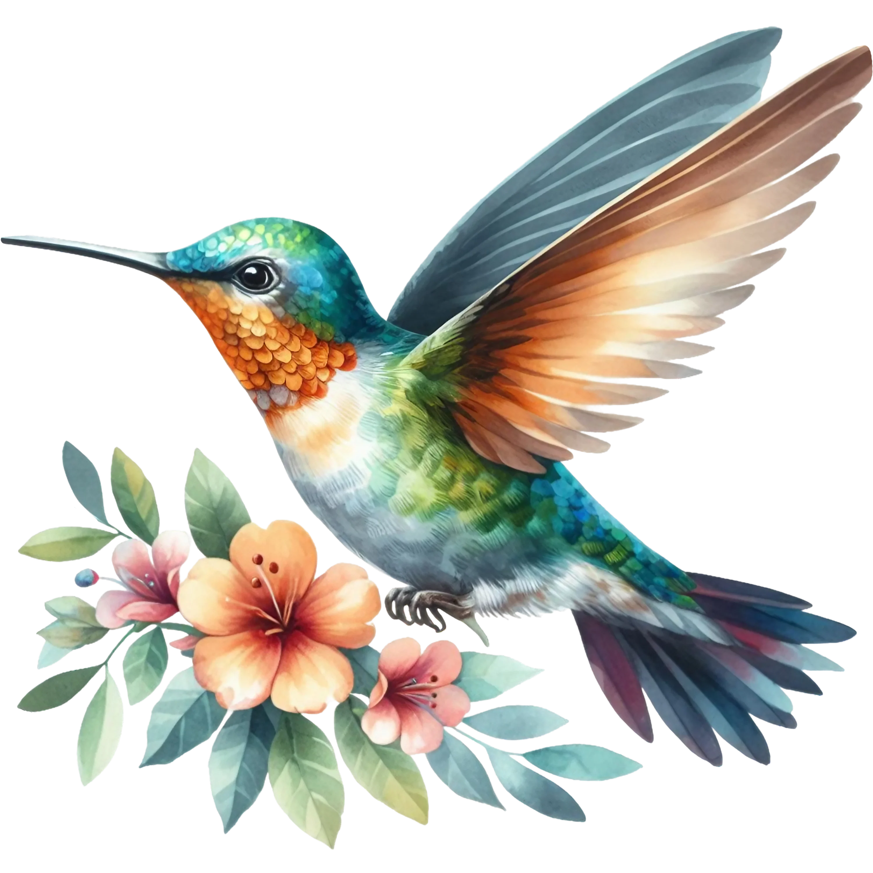 Watercolor Hummingbird Floral Fabric Panel 7