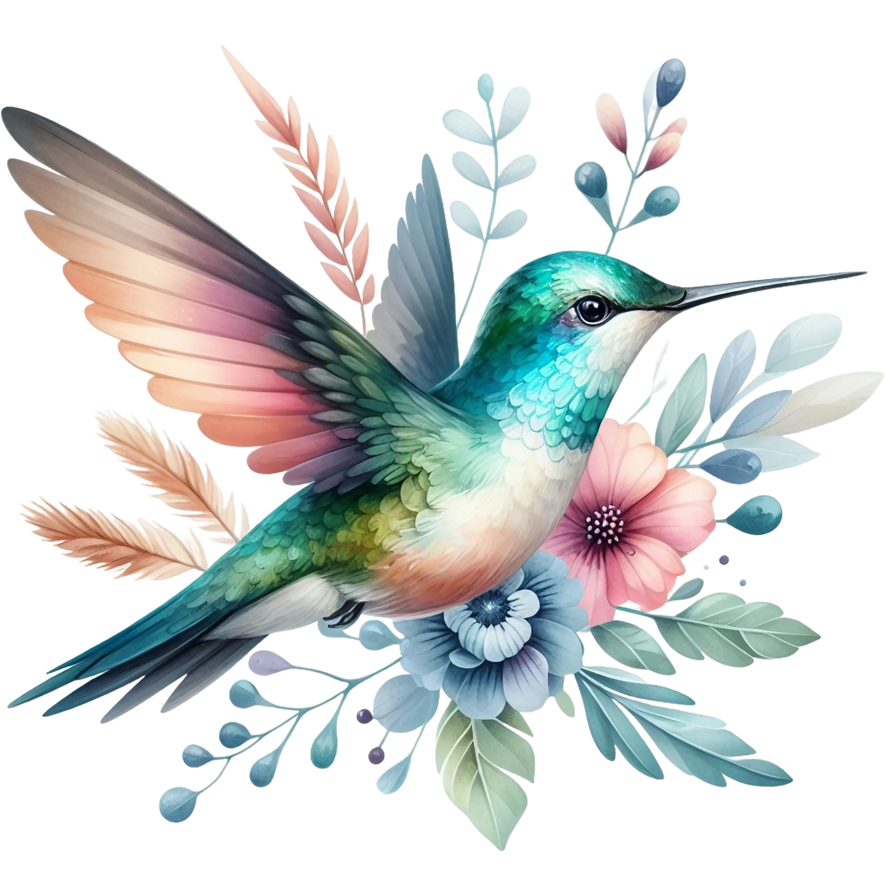 Watercolor Hummingbird Floral Fabric Panel 9