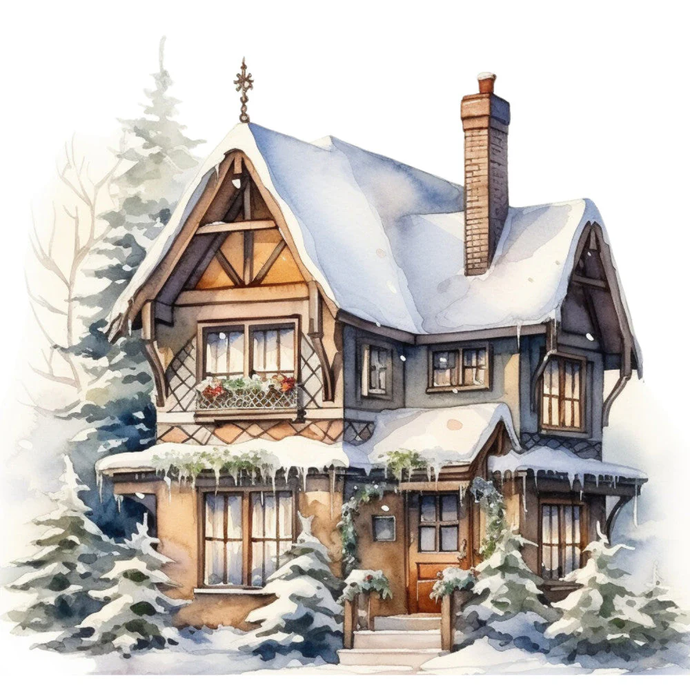 Watercolor Winter Houses Fabric Panel 30