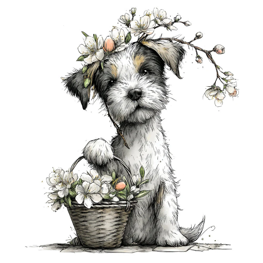 Whimsical Spring Dogs Fabric Panel 44
