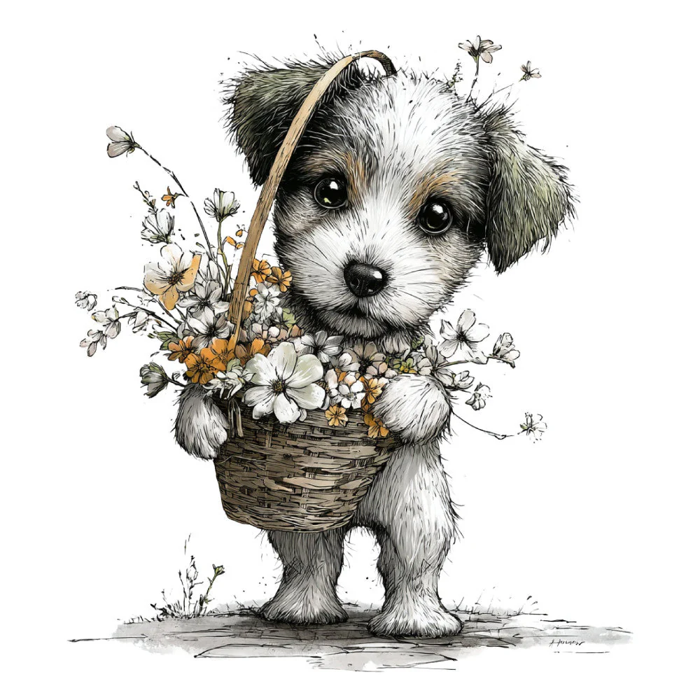 Whimsical Spring Dogs Fabric Panel 45
