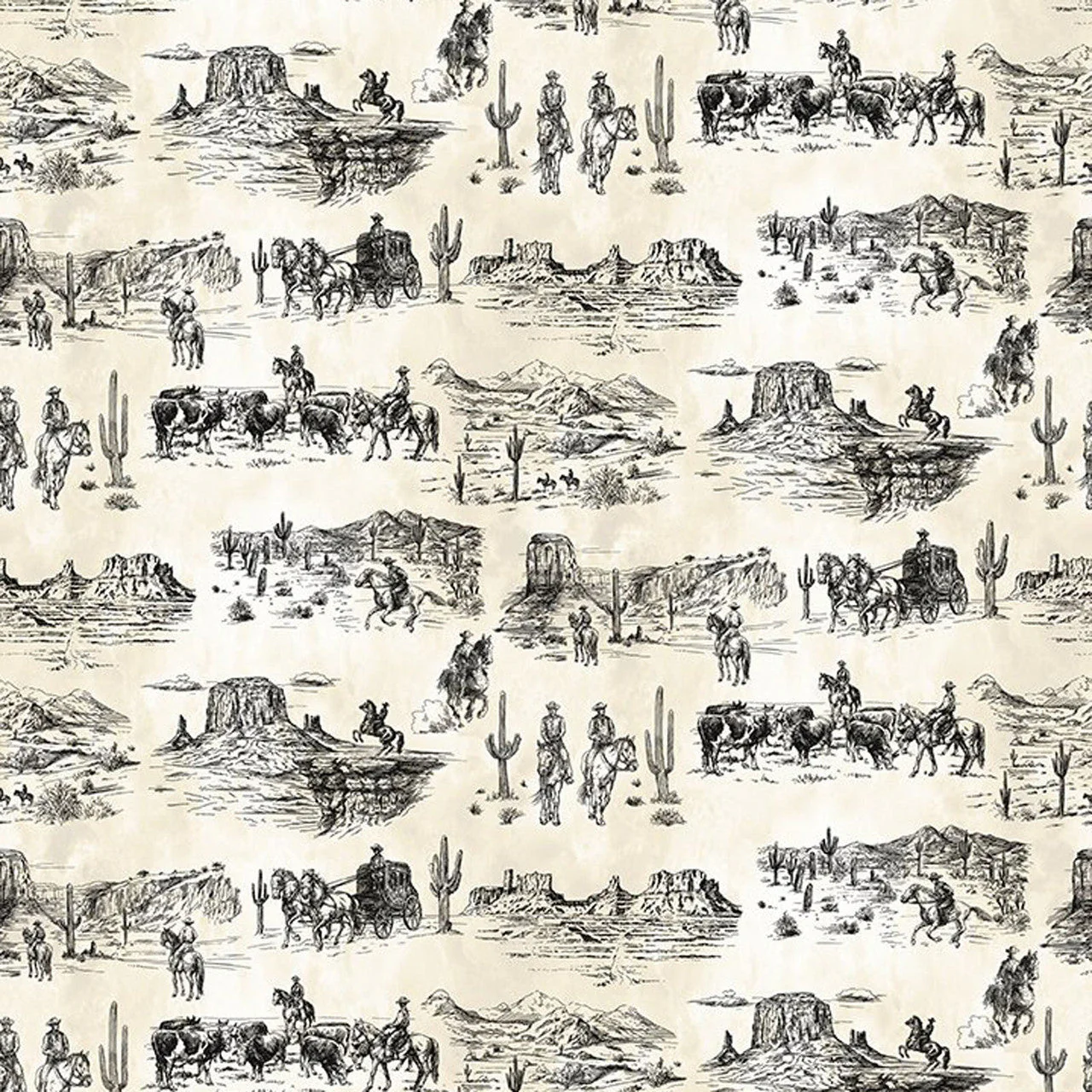 White & Cream Southwest Minis Toile 44/45" Cotton Fabric Per Yard